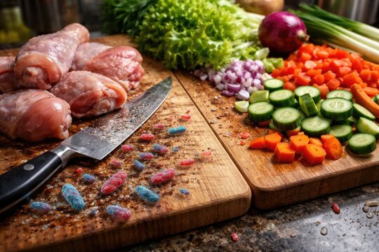 Cross contamination risk from sharing chopping board between raw food and vegetables