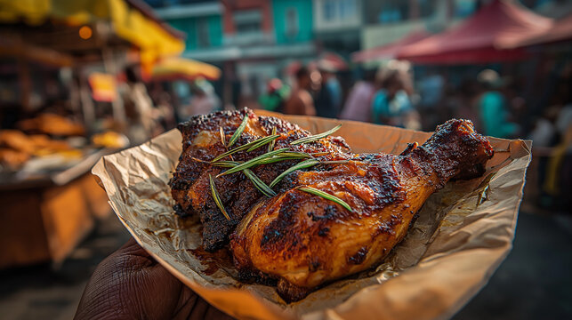 POV shot of a customer's hand holding a serving of roasted jerk chicken garnished with fresh rosemary; gourmet street food in a paper tray at a vibrant outdoor market.