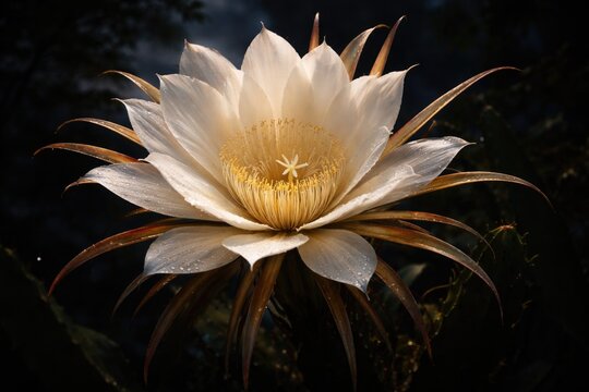 Elegant queen of night blossom opening at dark evening background