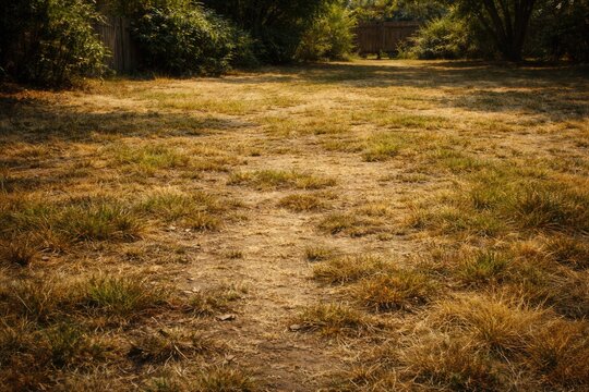 Oil painting showing a dry lawn full length view with patchy grass under harsh summer sun