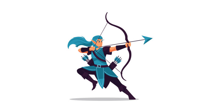 A dynamic female elf warrior with flowing blue hair and teal armor leaps forward while drawing a sleek black bow against a pristine white background.