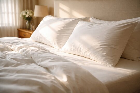 Close perspective of a well arranged bed with bright white pillows and sheets illuminated by sunlight