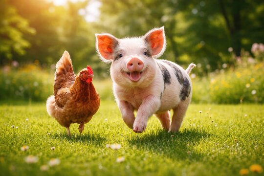 Cheerful pet pig and chicken romping on vibrant grass lawn in full length summer setting