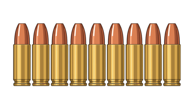 A precise vector illustration of ten metallic 9mm handgun bullets arranged in a perfectly straight horizontal row showing polished brass and copper surfaces.