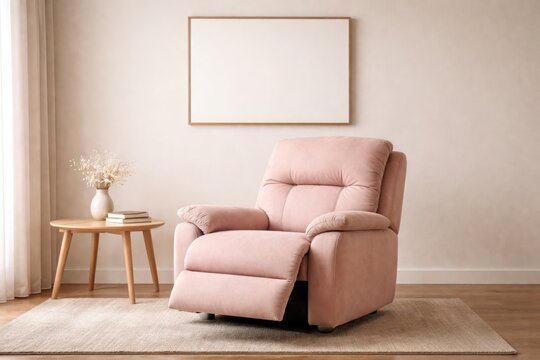 Soft pink recliner paired with unadorned frame on plain wall