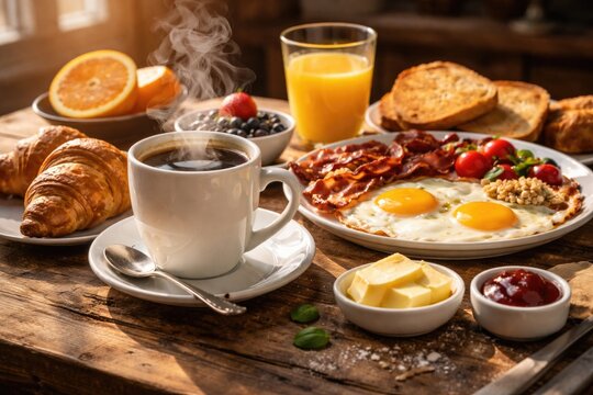 Breakfast meal with steaming coffee cup on a wooden table