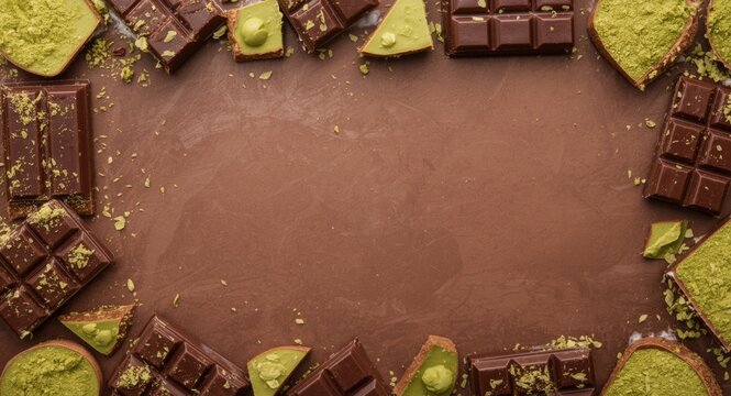 Top view of tasty matcha chocolate bars arranged on a smooth brown surface with copy space