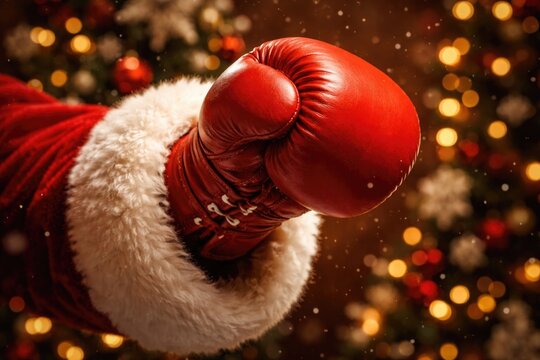 Festive red boxing glove emerging from a Santa Claus sleeve
