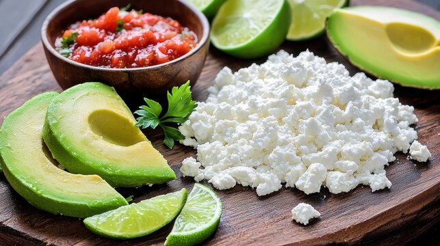 Premium queso fresco crumbles with fresh avocado slices, lime wedges and chunky salsa on rustic wooden cutting board for authentic Mexican cuisine