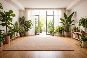 Fototapeta premium Spacious vacant room decorated with green plants during quarantine