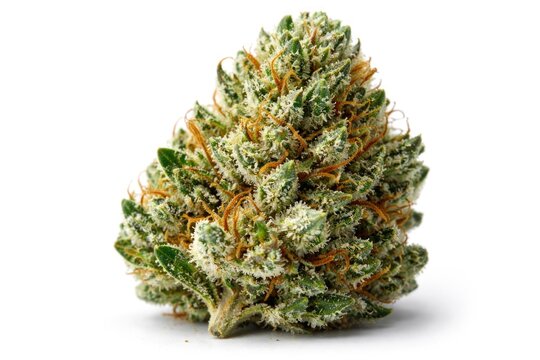 Detailed view of a marijuana nug with trichomes against clean white background