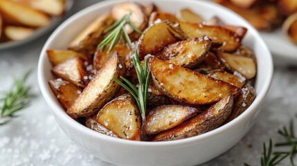 Fototapeta premium Premium duck fat fries roasted potato wedges with fresh rosemary herbs and sea salt in white ceramic bowl restaurant quality gourmet side dish