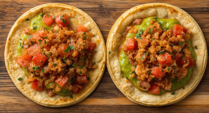 Traditional Mexican sopes with chicharron and colorful green and red sauce layers