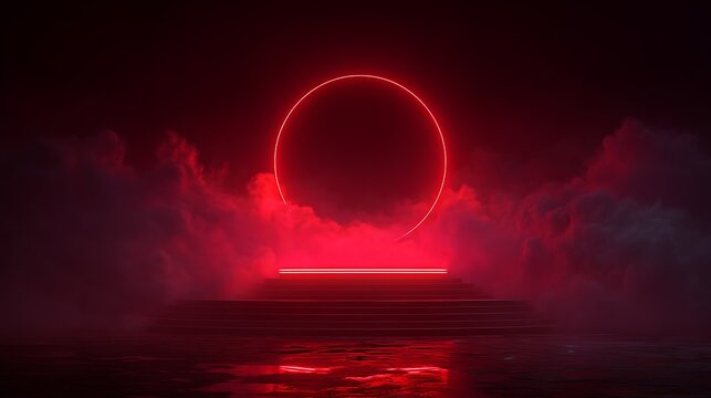 Red glowing ring light with warm light rays on dark blurred background, red ring light, dark background