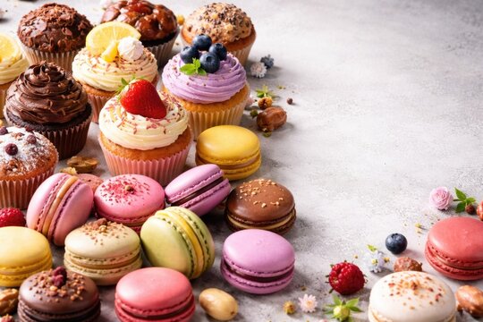Variety of gourmet French macarons cupcakes and muffins arranged with room for text