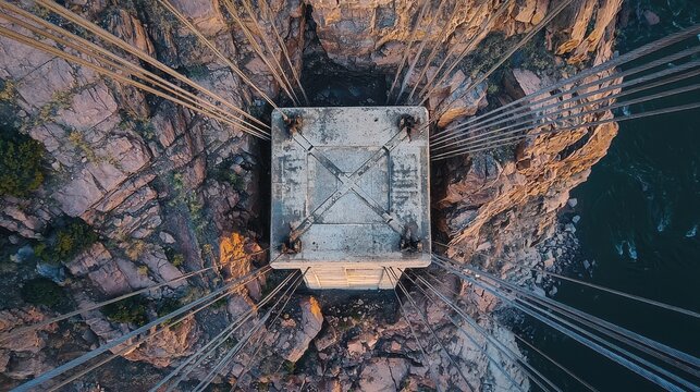 Historic American bridge cable anchorage aerial view showing massive concrete foundation with steel cables radiating across dramatic canyon landscape
