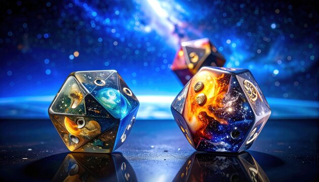 Translucent resin dice featuring swirling galaxies and celestial bodies in a cosmic setting, perfect for tabletop roleplaying games.