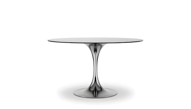A sleek and modern glass table with a shiny metal base stands alone on a plain white background, perfect for interior design or furniture advertising