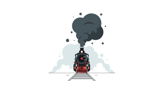 A classic black vintage steam locomotive approaches directly on a linear track while emitting a dense plume of dark grey smoke into the clear white air under soft daylight.