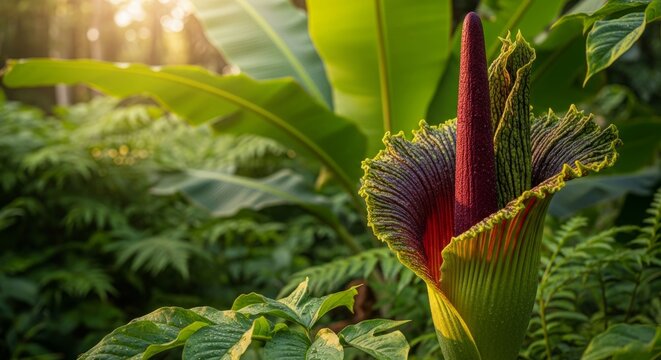Titan Arum flower blooming in lush jungle setting