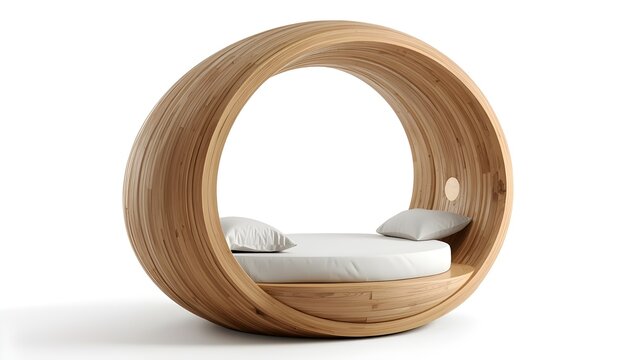 A modern wooden circular daybed with white cushions and pillows in a minimalist interior setting