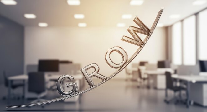GROW word rising on parabola in modern office for business growth concept