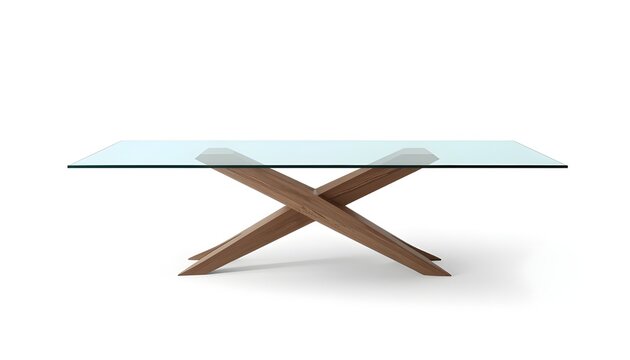 A modern glass coffee table with a wooden X-shaped base on a white background
