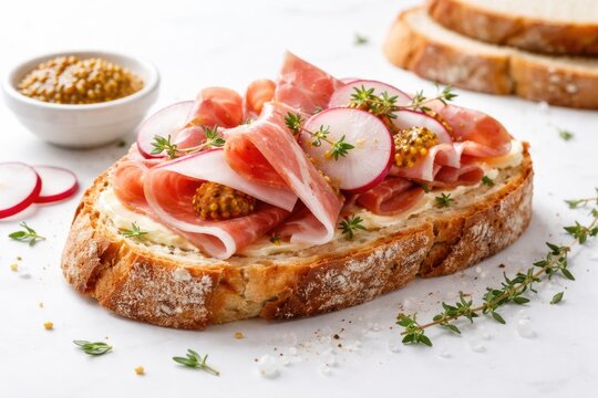 Fresh crisp bread with Parma ham radish mustard sea salt and thyme close up on white background with copy space