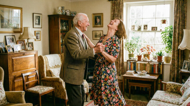 An elderly couple dances happily together in their living room, senior romance, active retirement, joyful marriage, home celebration.