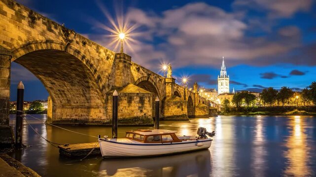 Historic stone bridge with boat moored beneath at dusk