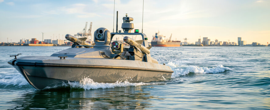 A military drone water type unmanned vehicle travels across the water. Cargo ships are docked in the distance. The boat features advanced equipment and technology