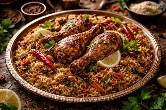 Savory chicken kabsa featuring fragrant spices and fresh herbs from Arab culinary tradition