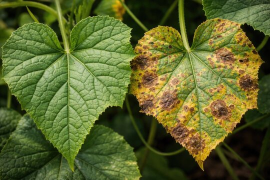 Healthy cucumber leaf contrasting with leaf spot infection signs