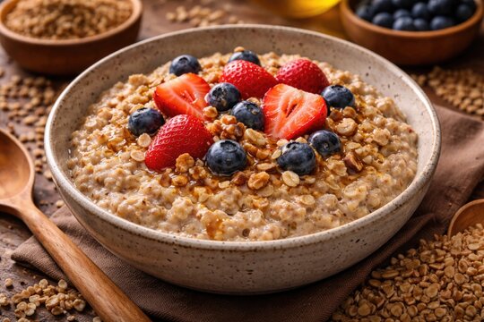 Wholesome bowl of five grain porridge including oatmeal barley buckwheat wheat and rye adorned with fresh strawberries and blueberries