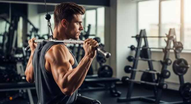 Man doing lat pulldown in modern gym, strength training