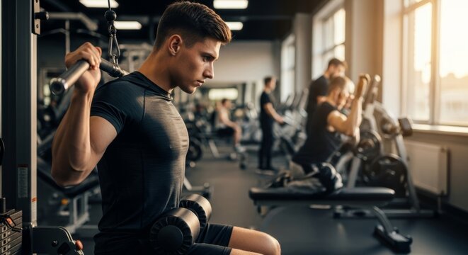 Man doing lat pulldown in gym with natural light
