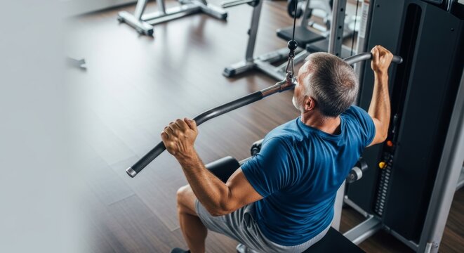 Senior Man Exercising Lat Pulldown in Modern Gym - High Angle