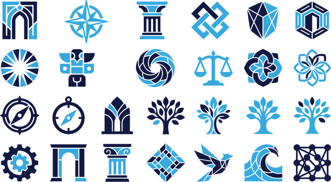 Collection of stylized graphic design logos and icons in blue and dark blue.