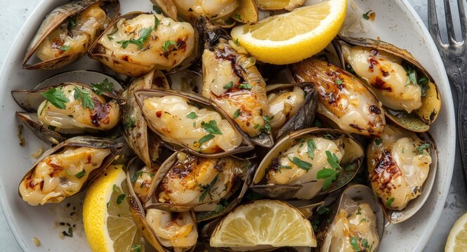 Grilled limpets enhanced by the bright flavor of lemon