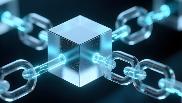 Blockchain technology concept, digital glass cube with glowing chains, secure decentralized network