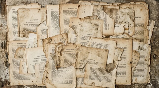 Torn and worn old book pages on wooden background
