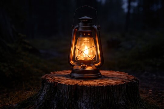 A bright kerosene lamp resting atop a natural stump outside after dark