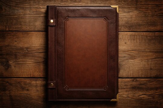 Rustic wooden backdrop with sophisticated brown leather menu cover and blank area for custom text