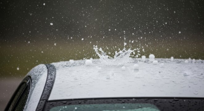 Hail hitting car roof, water splash, insurance claim concept