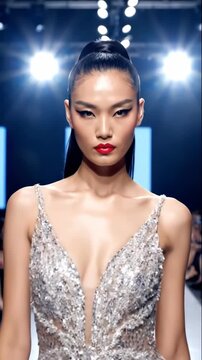 young asian model walking runway in plunging silver sequin gown. sleek ponytail, red lipstick. bright stage spotlights, blurred audience. haute couture fashion show. glamour, designer clothing.
