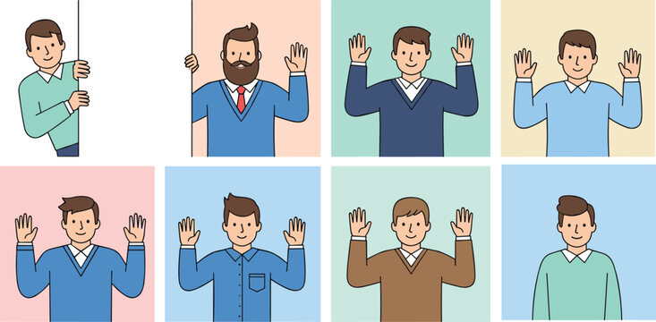 Cartoon illustrated diverse people in casual clothing showing different gestures poses expressions raising hands pointing thinking and presenting actions