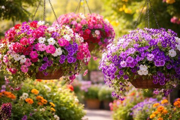 Obraz premium Colorful hanging petunias and surfinias blooming vibrantly in summer garden pots