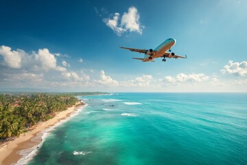 Naklejka premium Airplane Flies Above Tropical Beach Coastline Under Clear Blue Sky During Summer Travel Adventure
