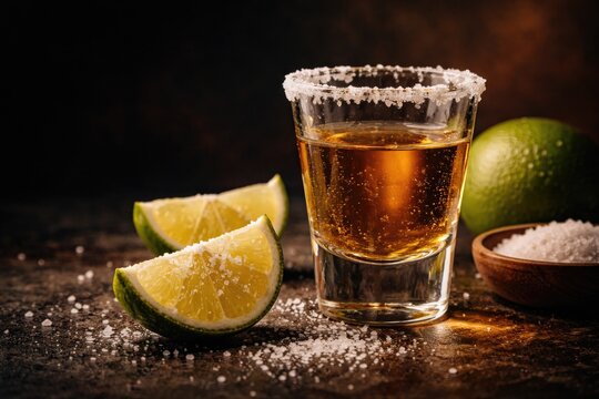 Glass of golden tequila served with salted lime slices on dark background and copy space