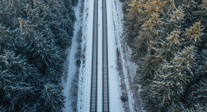 Wintertime aerial image of double railroad tracks bordered by lush fir trees
